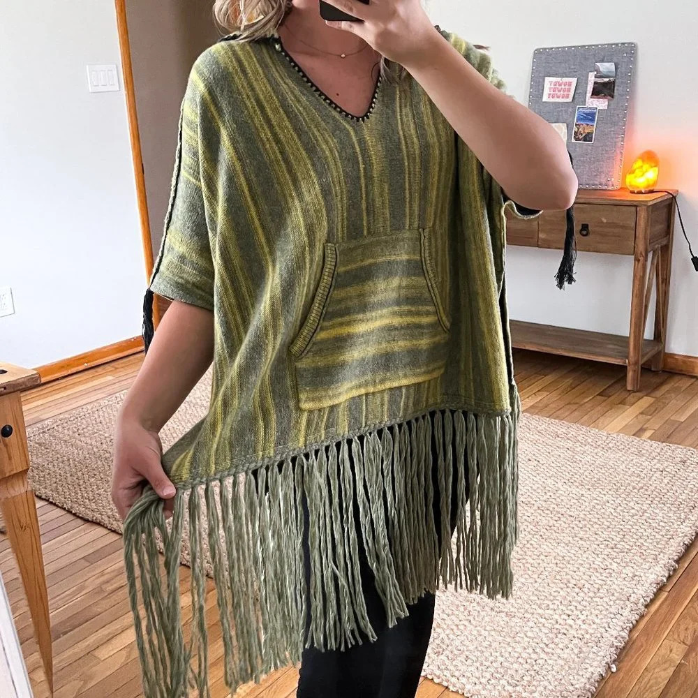 Raquel Allegra Wool Cashmere Knit Blend Fringe Bohemian Pullover Poncho Sweater
